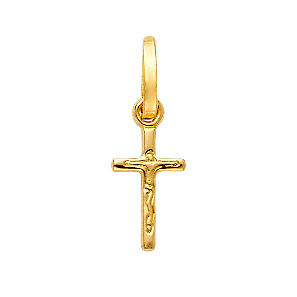 14K Yellow Gold Mini Small Religious Cross Crucifix Design Charm Pendant